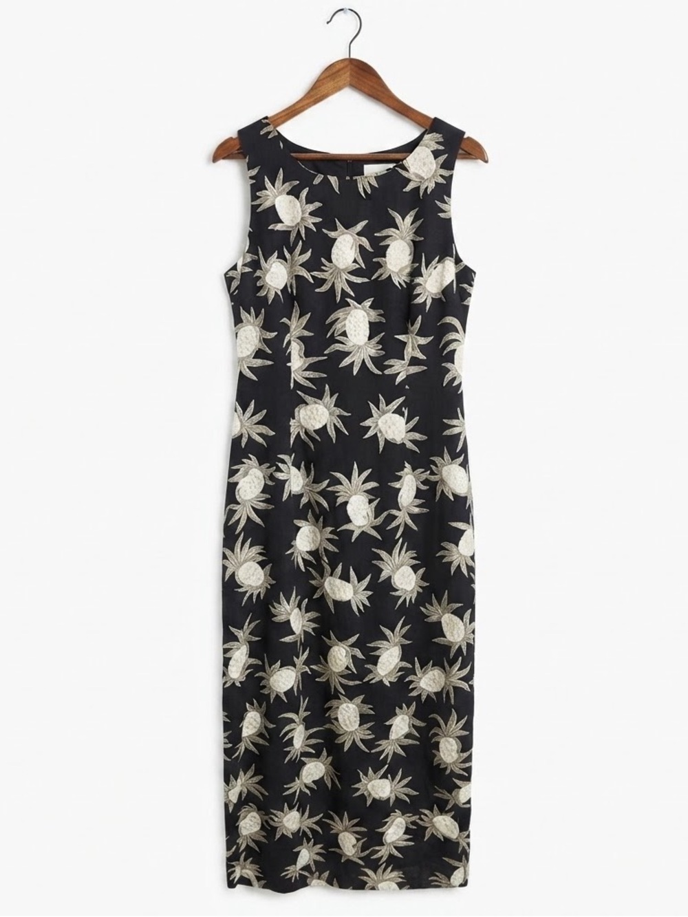 Vintage 90s Silk Hawaiian Maxi Dress LARGE Navy Pineapples